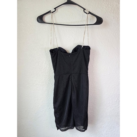 White Fox Boutique Black Mini Dress with Chain Straps and Rhinestone Detail - Picture 2 of 4